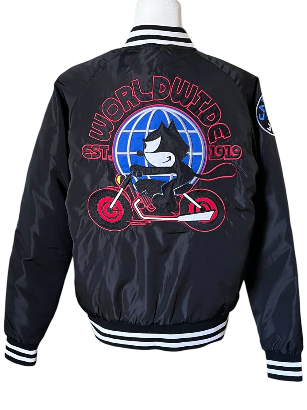 Felix The Cat Universal Studios Varsity Bomber Jacket Patchwork Moto Black Small